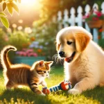 DALL·E 2025-02-13 18.19.14 - A heartwarming scene of a golden retriever puppy and a tabby kitten playing together in a sunlit backyard. The puppy has fluffy golden fur and is wagg