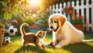 DALL·E 2025-02-13 18.19.14 - A heartwarming scene of a golden retriever puppy and a tabby kitten playing together in a sunlit backyard. The puppy has fluffy golden fur and is wagg